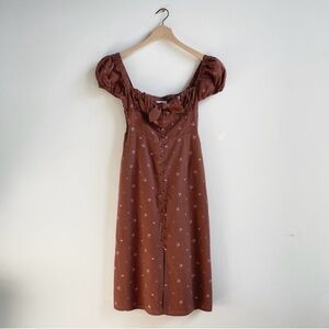 Altar’d State Brown Floral Linen Milkmaid Midi Dress Size Medium